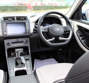 Hyundai Creta 2021, interior front drivers side view, steering wheel and center consul